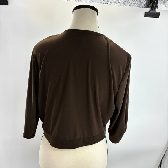 Perceptions Brown Cropped Cardigan Top Women’s Size L 3/4 Sleeve Deep V Button - Picture 4 of 6